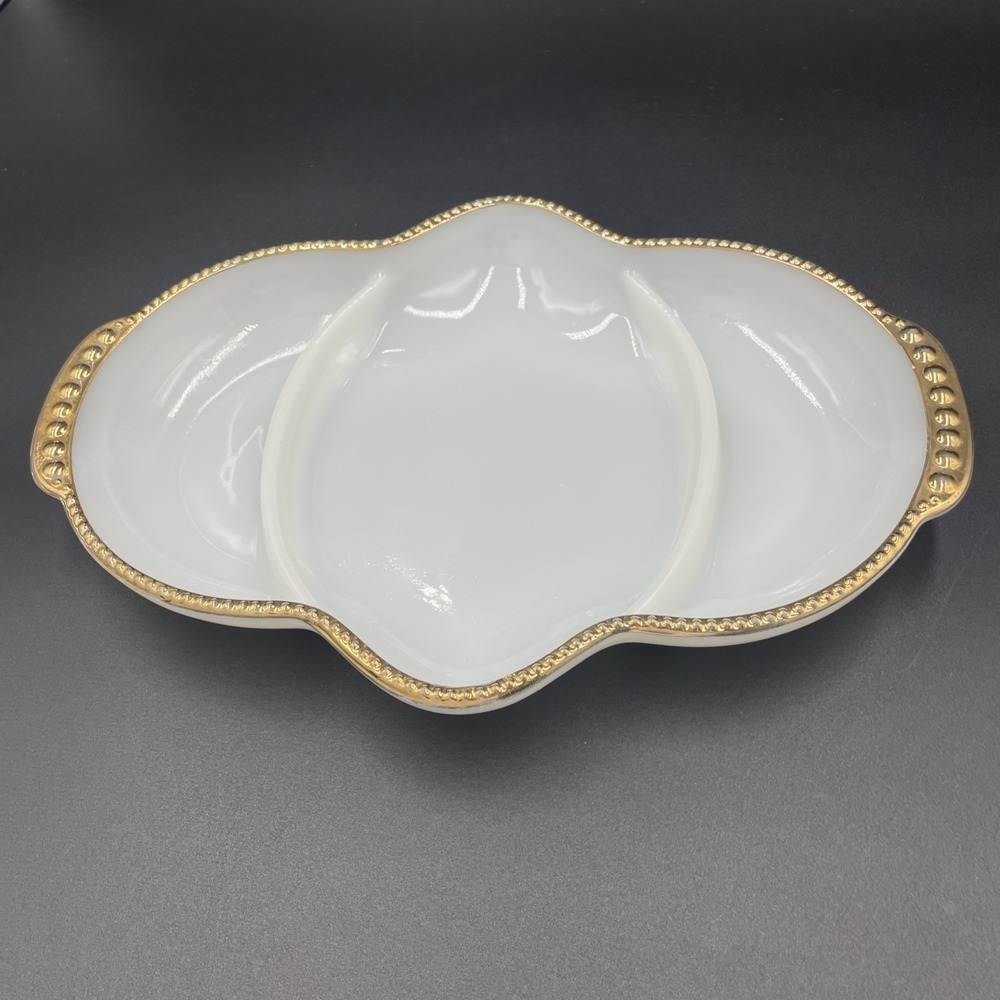 Vintage Fire King Milk Glass Divided Dish Cottage-MCM Gold Trim Oven Serve - Picture 3 of 15